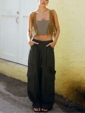 Zara Olive Green Wide-Leg Cargo Trousers